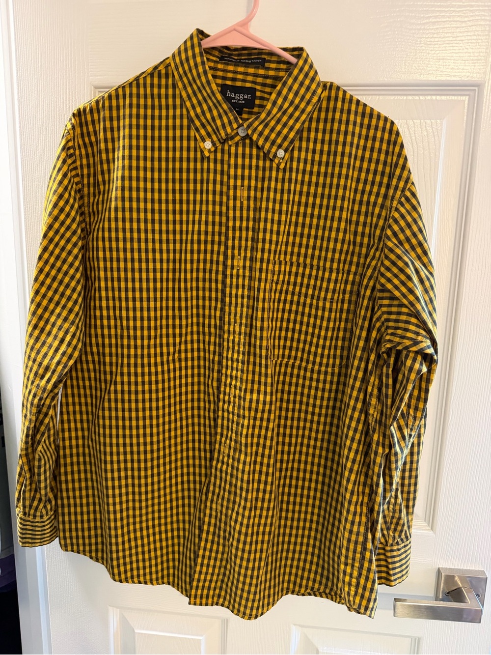Haggar Men’s Medium Yellow Black Gingham Check Button Down Shirt